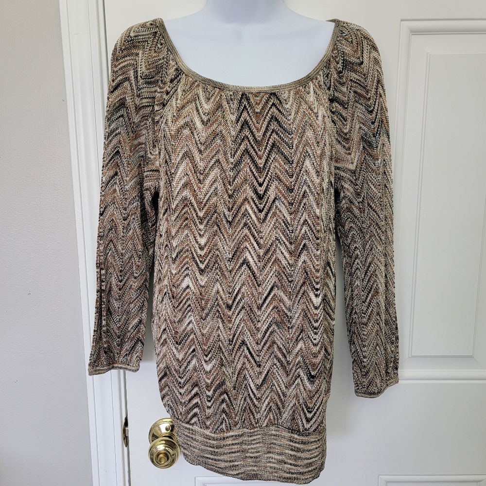 INC International Concepts Metallic Gold Brown Chevron Zigzag Knit Sweater Med